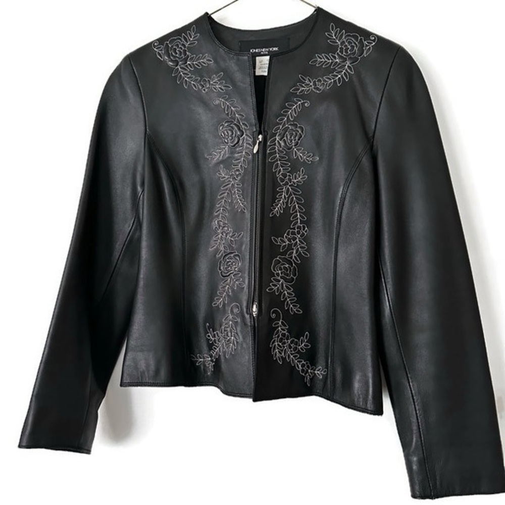 Vintage Jones New York Embroidered Black Leather Jacket PP